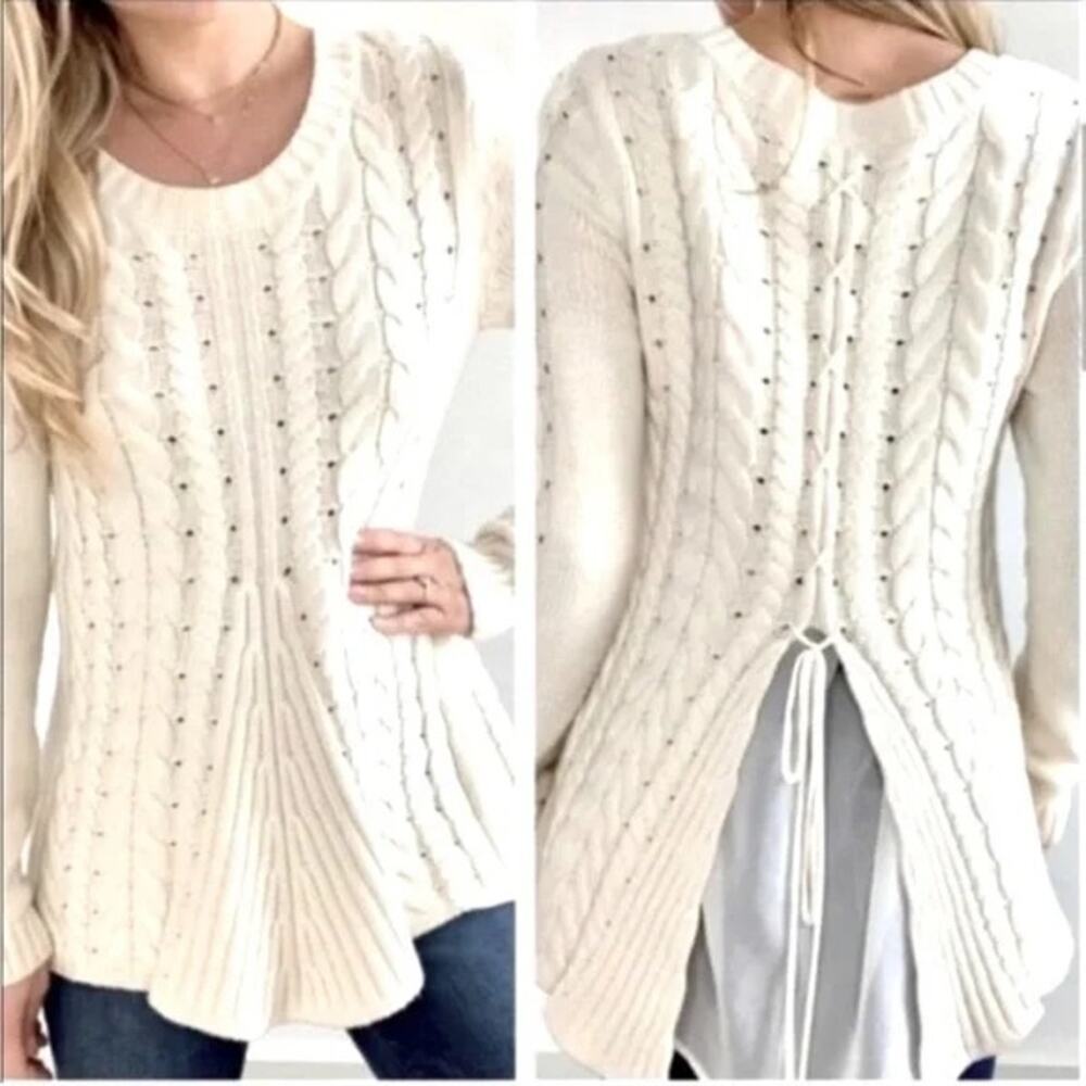 CAbi Cable Knit Sweater Cream Lace Up Mixed Media Cotton 3157 Women XS